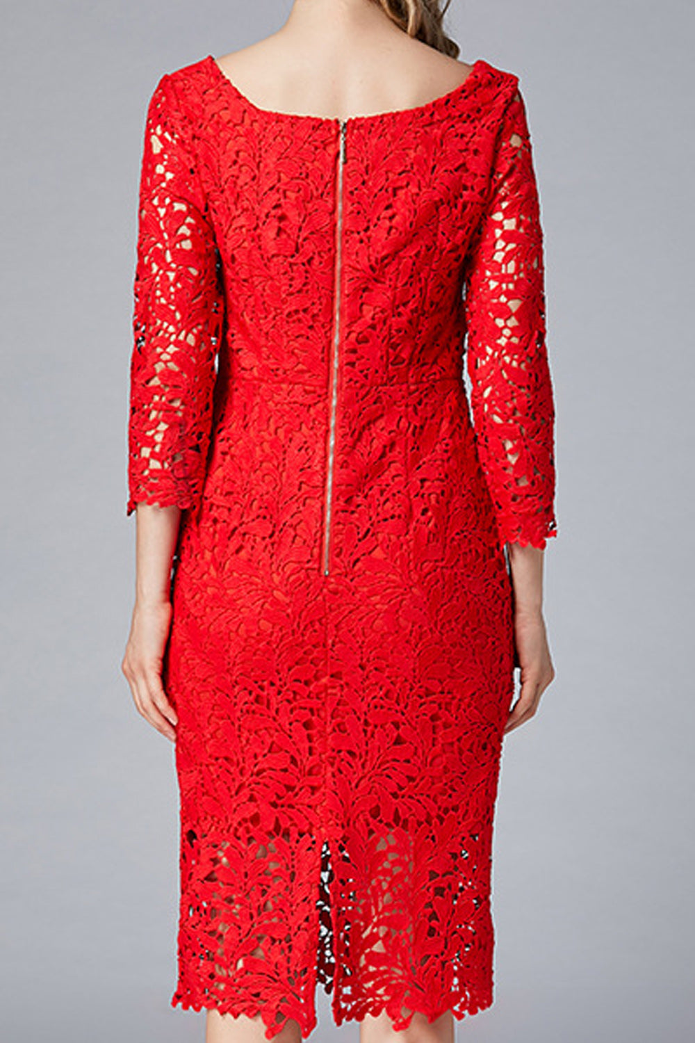 Women Charming Square Collar Red Color Floral Lace Pattern Dress