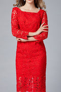 Women Charming Square Collar Red Color Floral Lace Pattern Dress