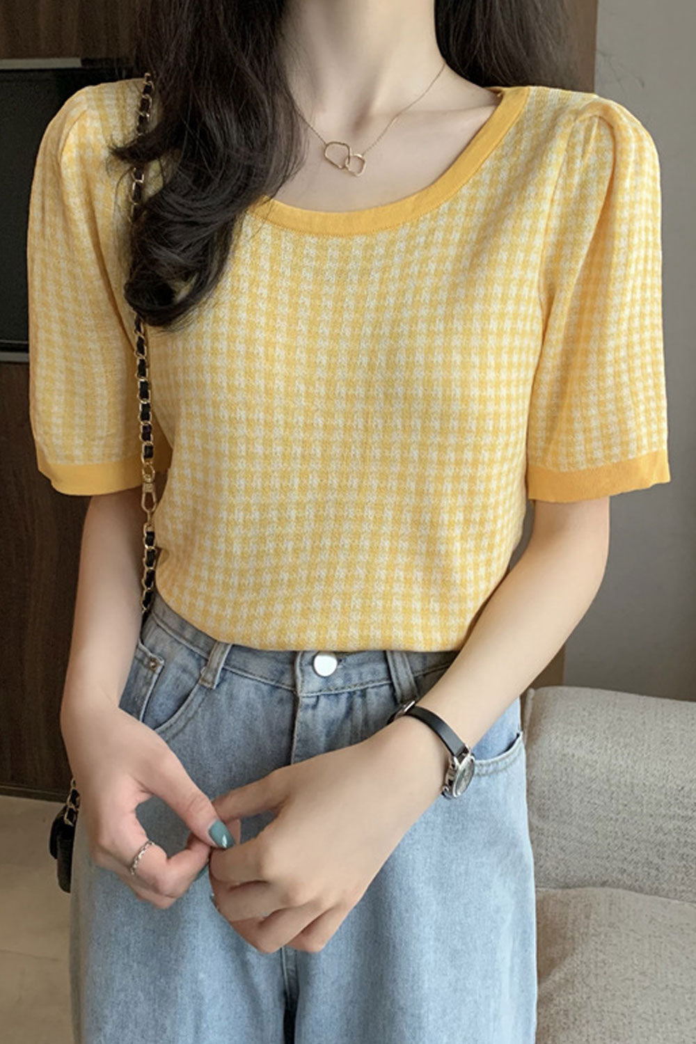 Women New Fashion Ice Silk Round Scoop Neck Short Sleeves Lattice Pattern Niche Design Thin Section Summer Casual Loose Top