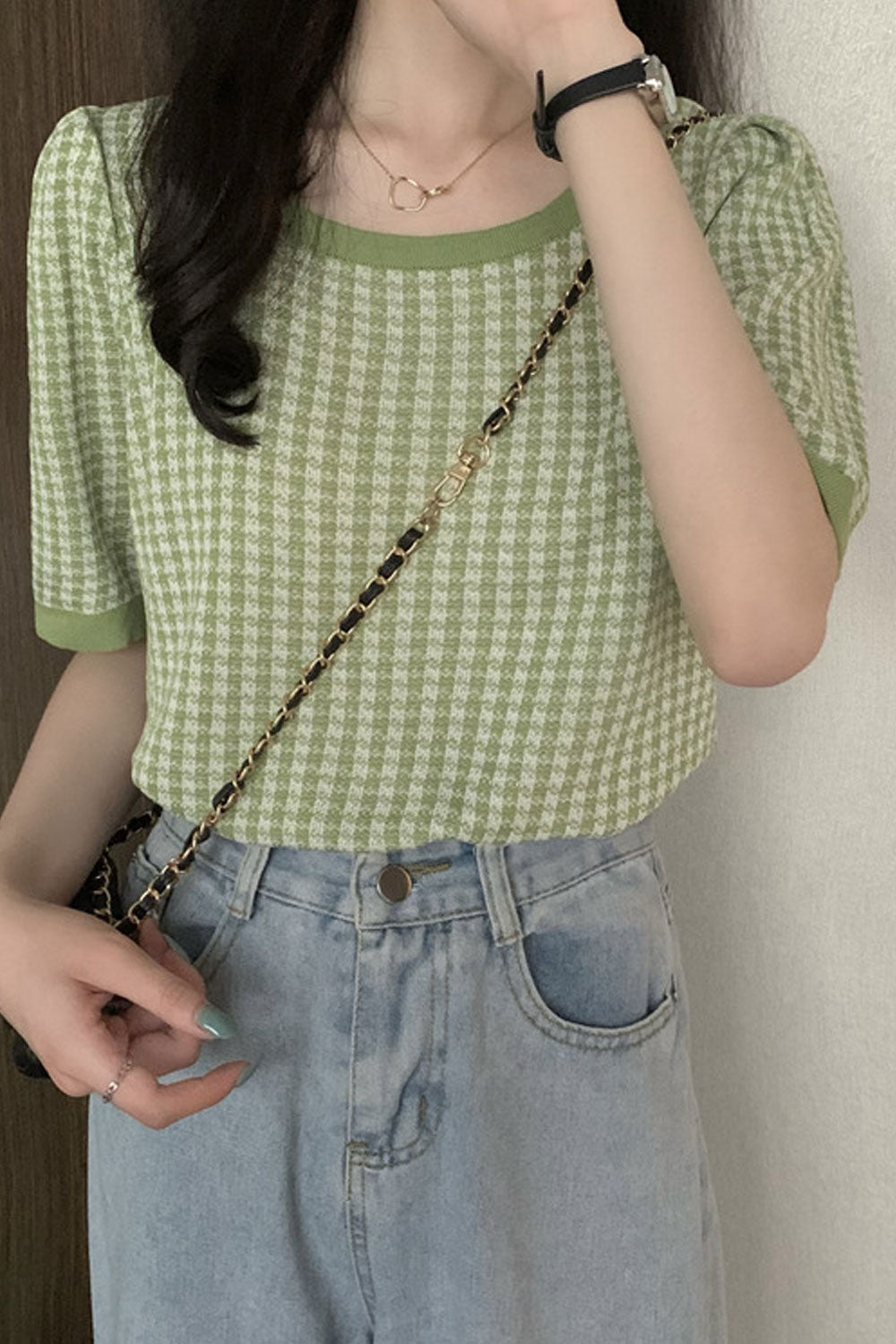Women New Fashion Ice Silk Round Scoop Neck Short Sleeves Lattice Pattern Niche Design Thin Section Summer Casual Loose Top