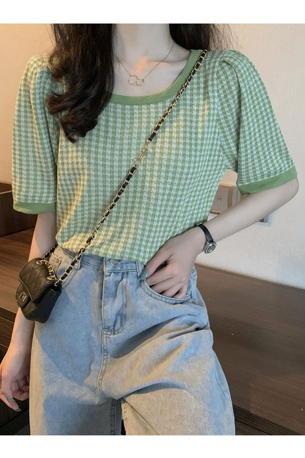 Women New Fashion Ice Silk Round Scoop Neck Short Sleeves Lattice Pattern Niche Design Thin Section Summer Casual Loose Top
