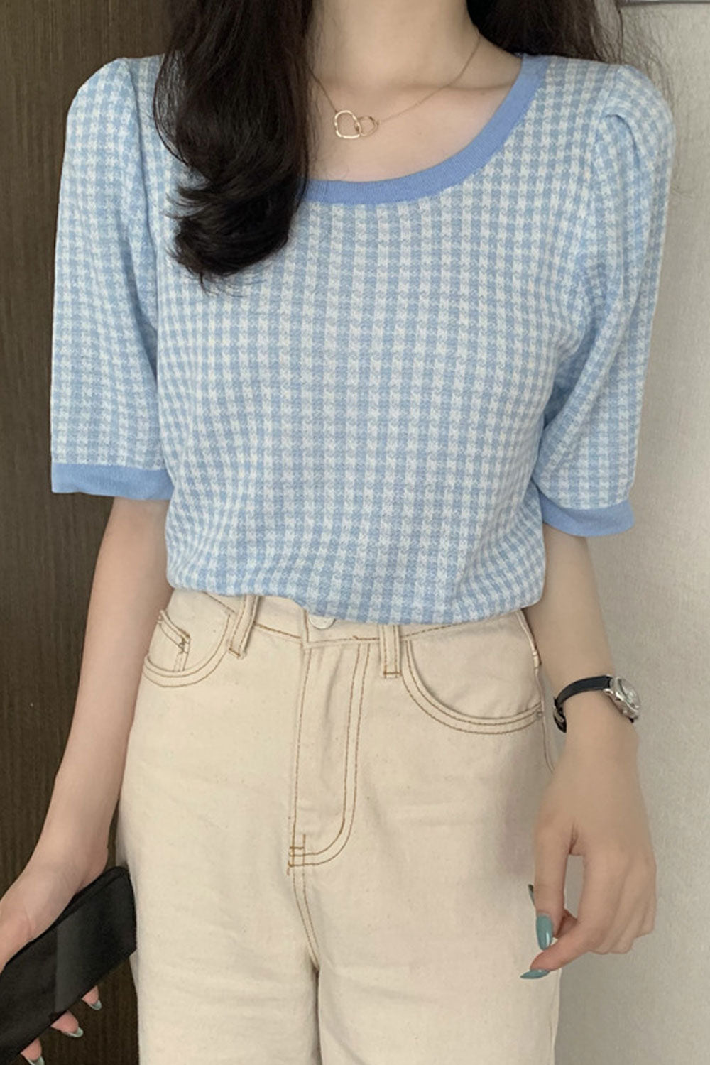 Women New Fashion Ice Silk Round Scoop Neck Short Sleeves Lattice Pattern Niche Design Thin Section Summer Casual Loose Top