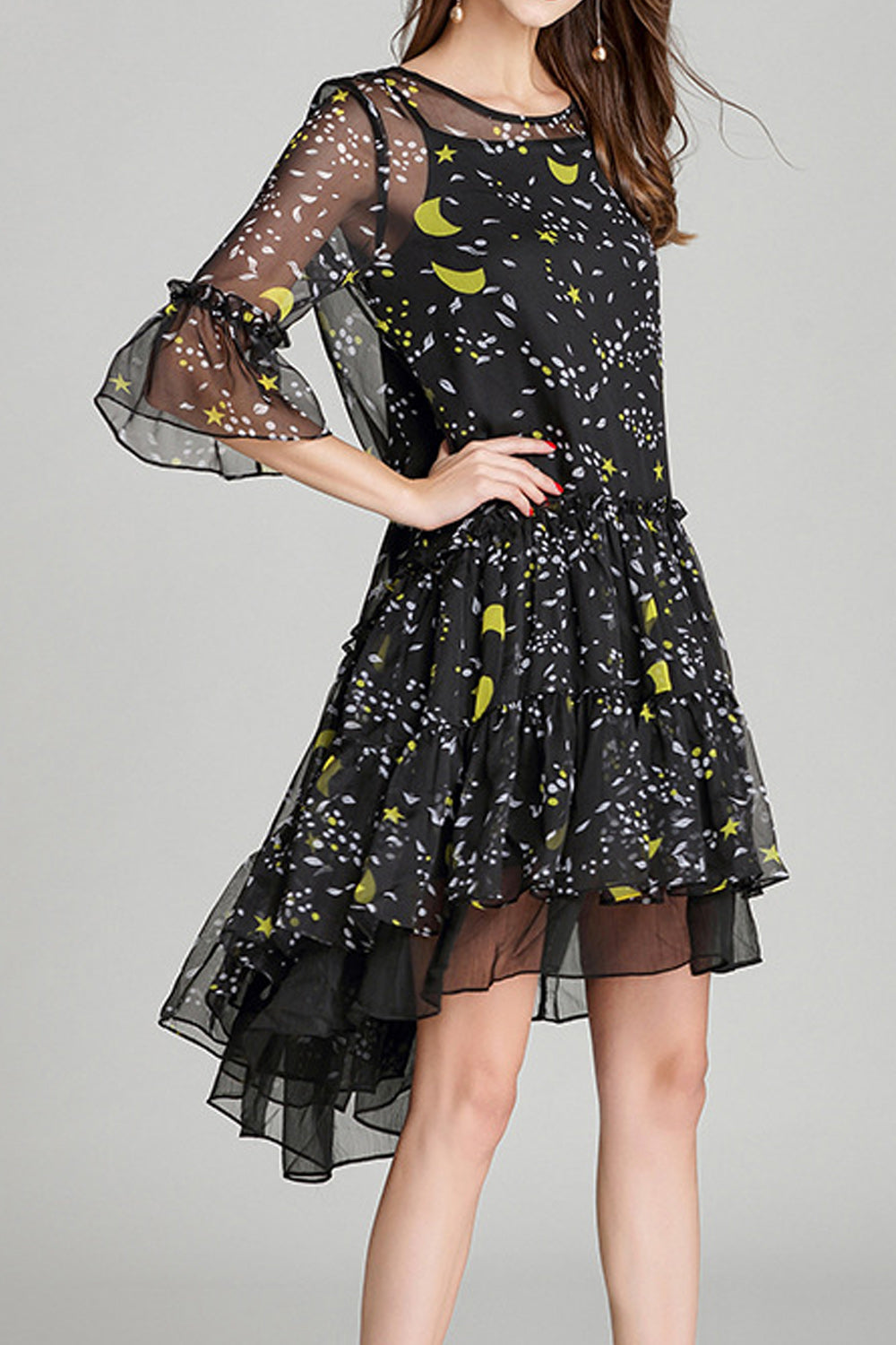Women Awesome Pattern Chiffon Irregular Ruffle Transparent Trumpet Sleeve Dress