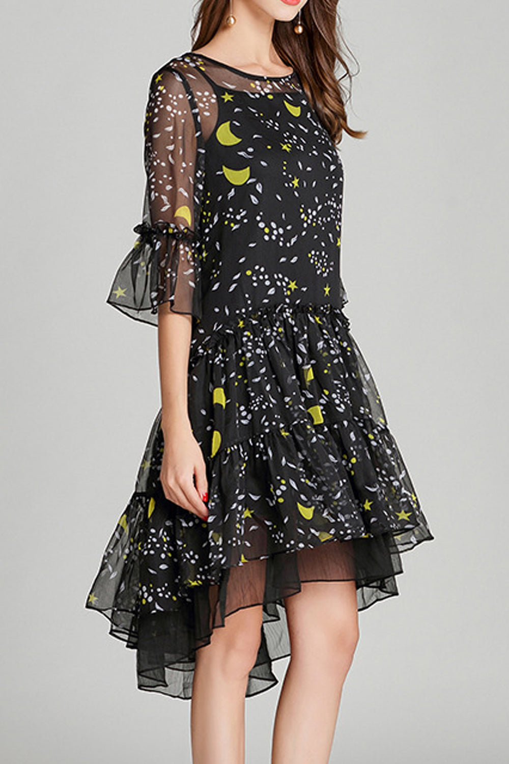 Women Awesome Pattern Chiffon Irregular Ruffle Transparent Trumpet Sleeve Dress