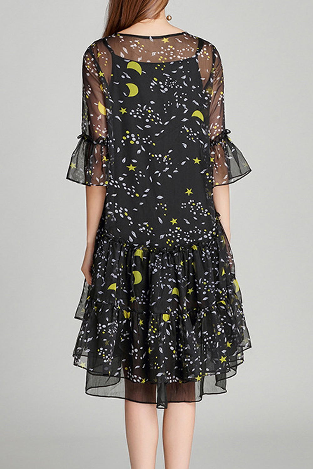Women Awesome Pattern Chiffon Irregular Ruffle Transparent Trumpet Sleeve Dress