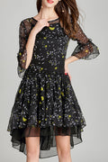 Women Awesome Pattern Chiffon Irregular Ruffle Transparent Trumpet Sleeve Dress