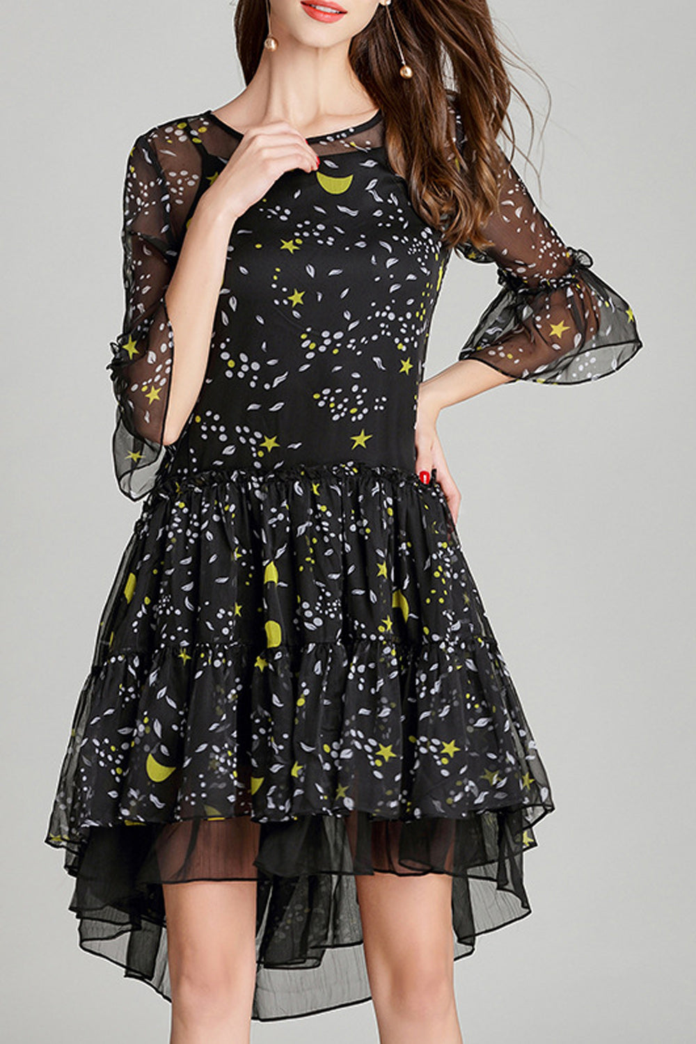 Women Awesome Pattern Chiffon Irregular Ruffle Transparent Trumpet Sleeve Dress