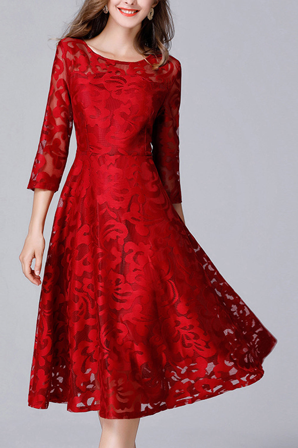 Women Flower Lace Long Sleeve Fashion Dress