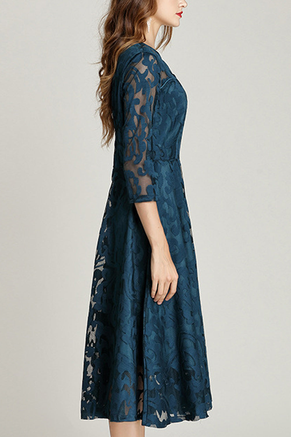 Women Flower Lace Long Sleeve Fashion Dress