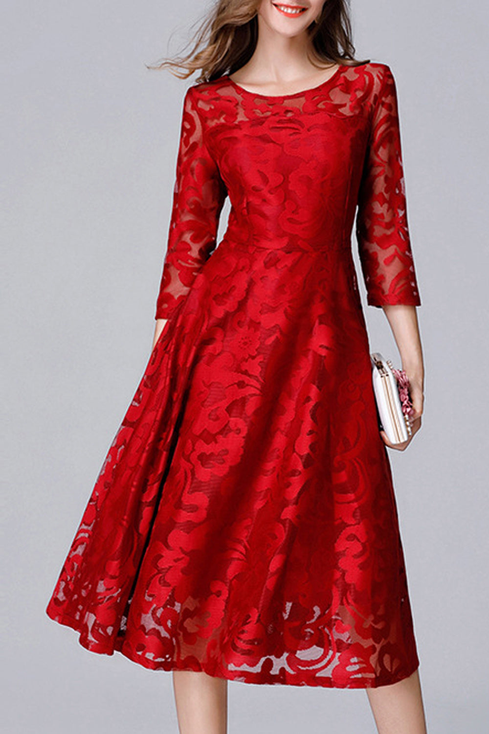 Women Flower Lace Long Sleeve Fashion Dress