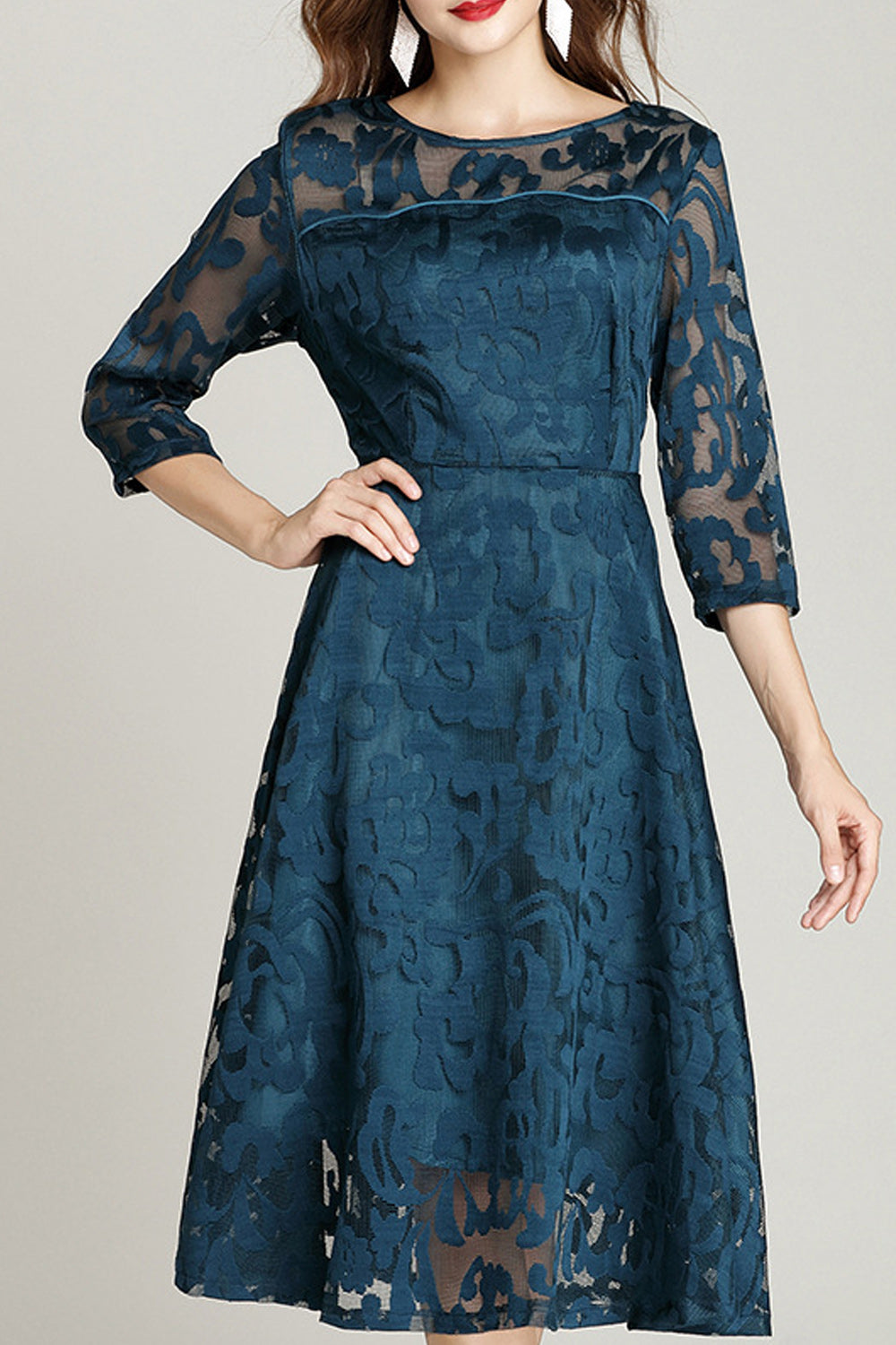 Women Flower Lace Long Sleeve Fashion Dress