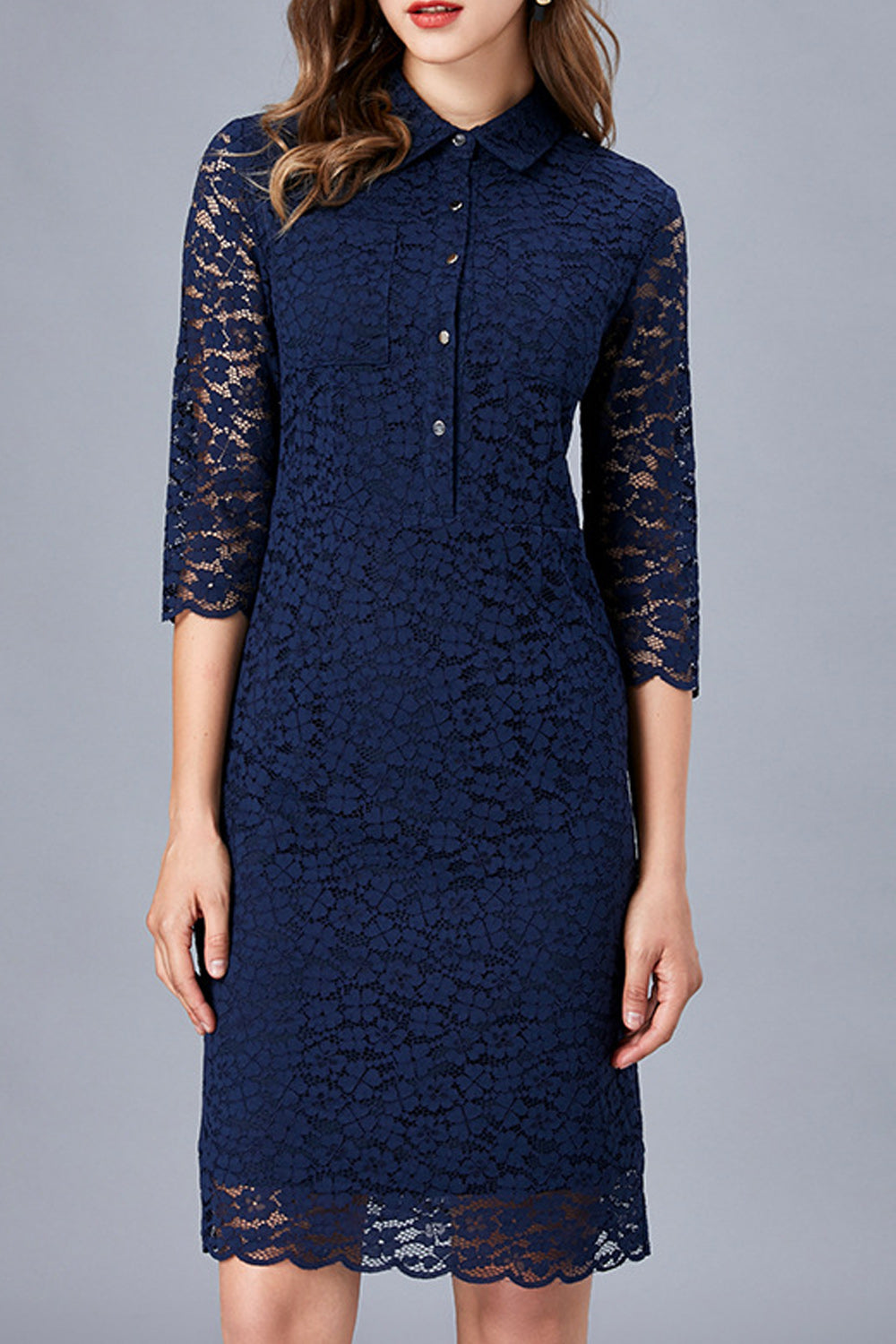 Women Stylish Solid Color A-Line Skirt Collar Neck Floral Lace Dress