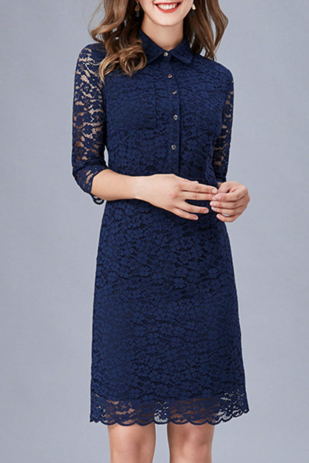 Women Stylish Solid Color A-Line Skirt Collar Neck Floral Lace Dress