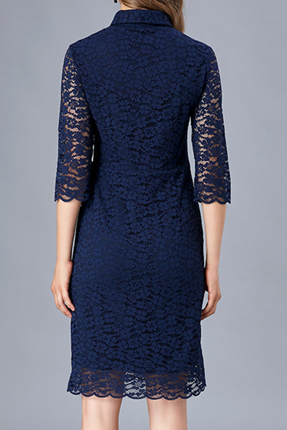 Women Stylish Solid Color A-Line Skirt Collar Neck Floral Lace Dress