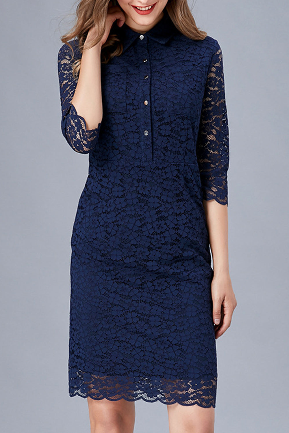 Women Stylish Solid Color A-Line Skirt Collar Neck Floral Lace Dress