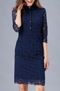 Women Stylish Solid Color A-Line Skirt Collar Neck Floral Lace Dress