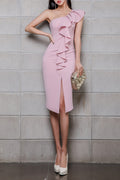 Women Stylish Oblique Collar Ruffle Style Slim FIt Dress