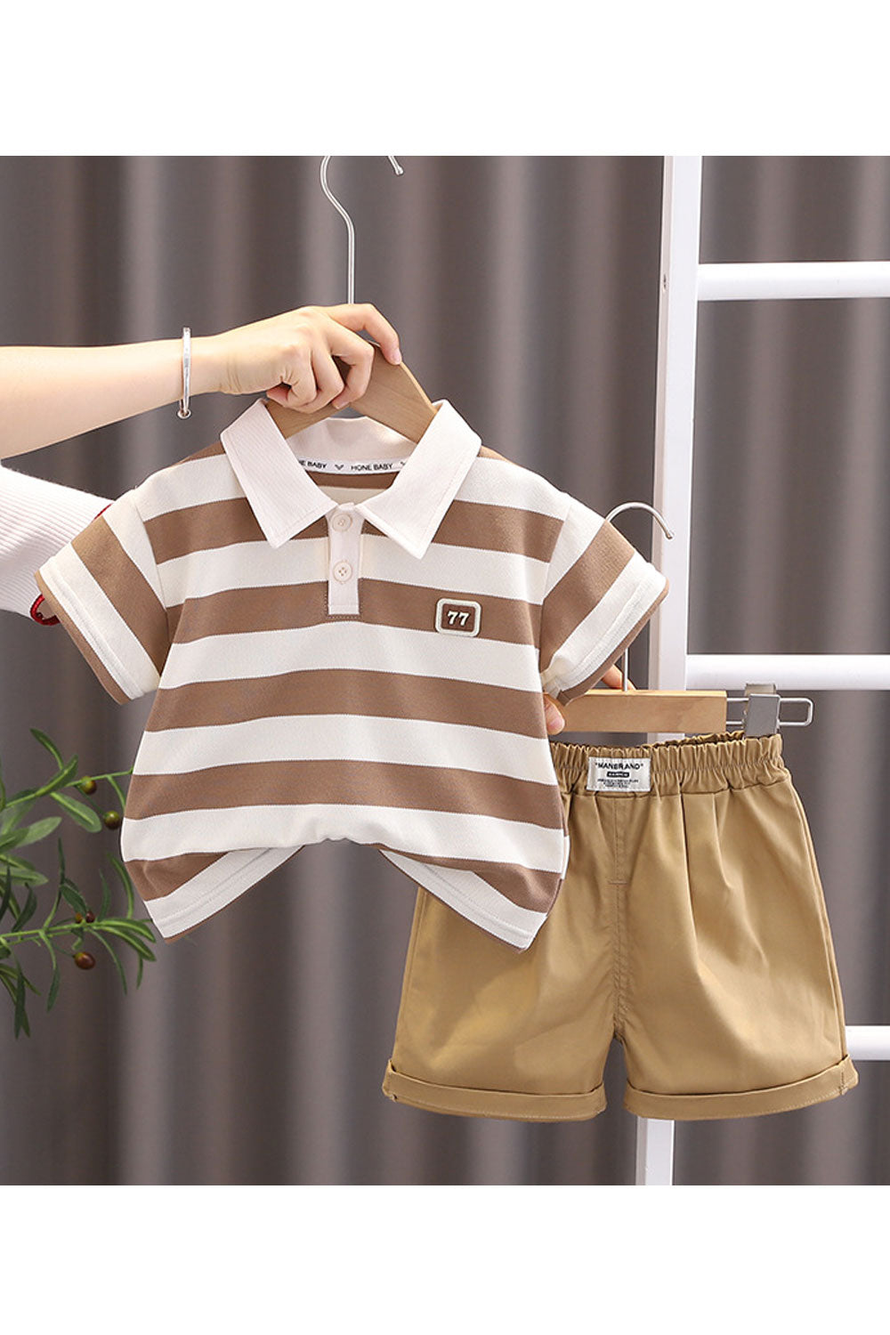 Baby and Toddler Boys New Style Fashionable Collar Neck Short Sleeeves Striped Pattern Shirt with Descent Baby Shorts Summer Thi