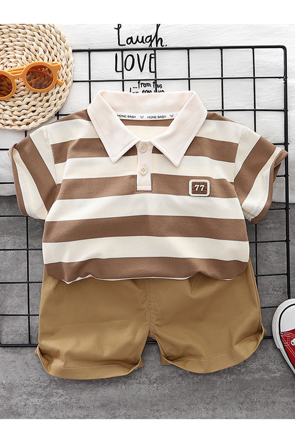 Baby and Toddler Boys New Style Fashionable Collar Neck Short Sleeeves Striped Pattern Shirt with Descent Baby Shorts Summer Thi