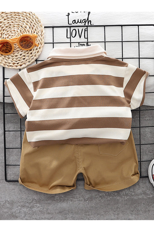 Baby and Toddler Boys New Style Fashionable Collar Neck Short Sleeeves Striped Pattern Shirt with Descent Baby Shorts Summer Thi