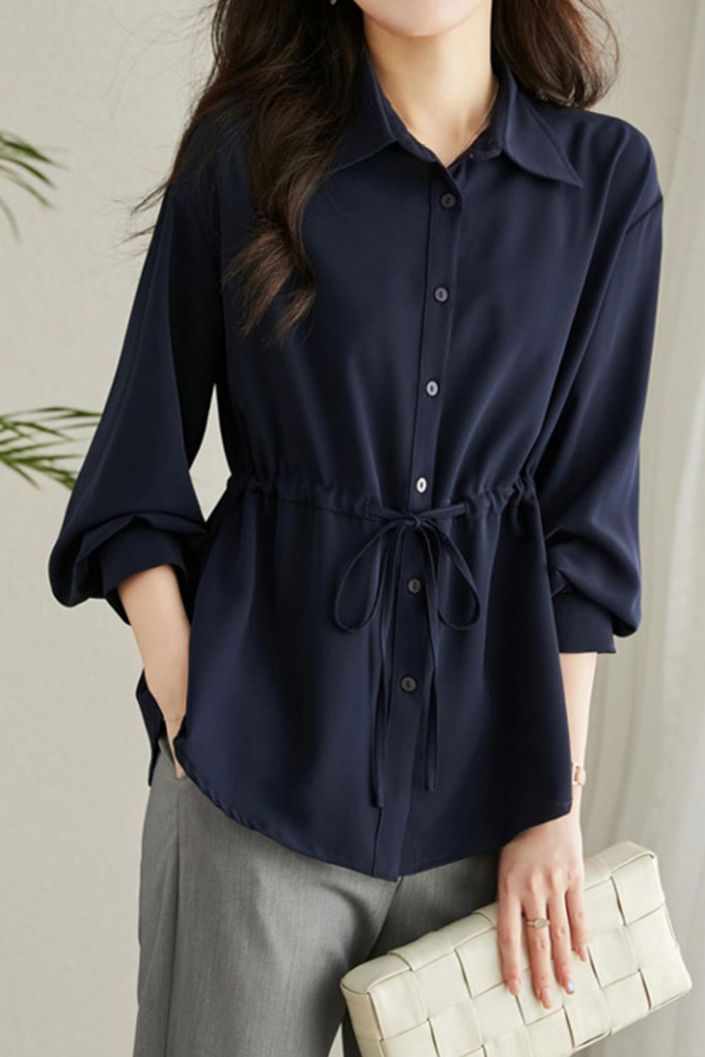 Women New Fashion Collar Neck Long Sleeves Drawstring Design Sense Solid Color Elegant Style Summer Casual Loose Shirt
