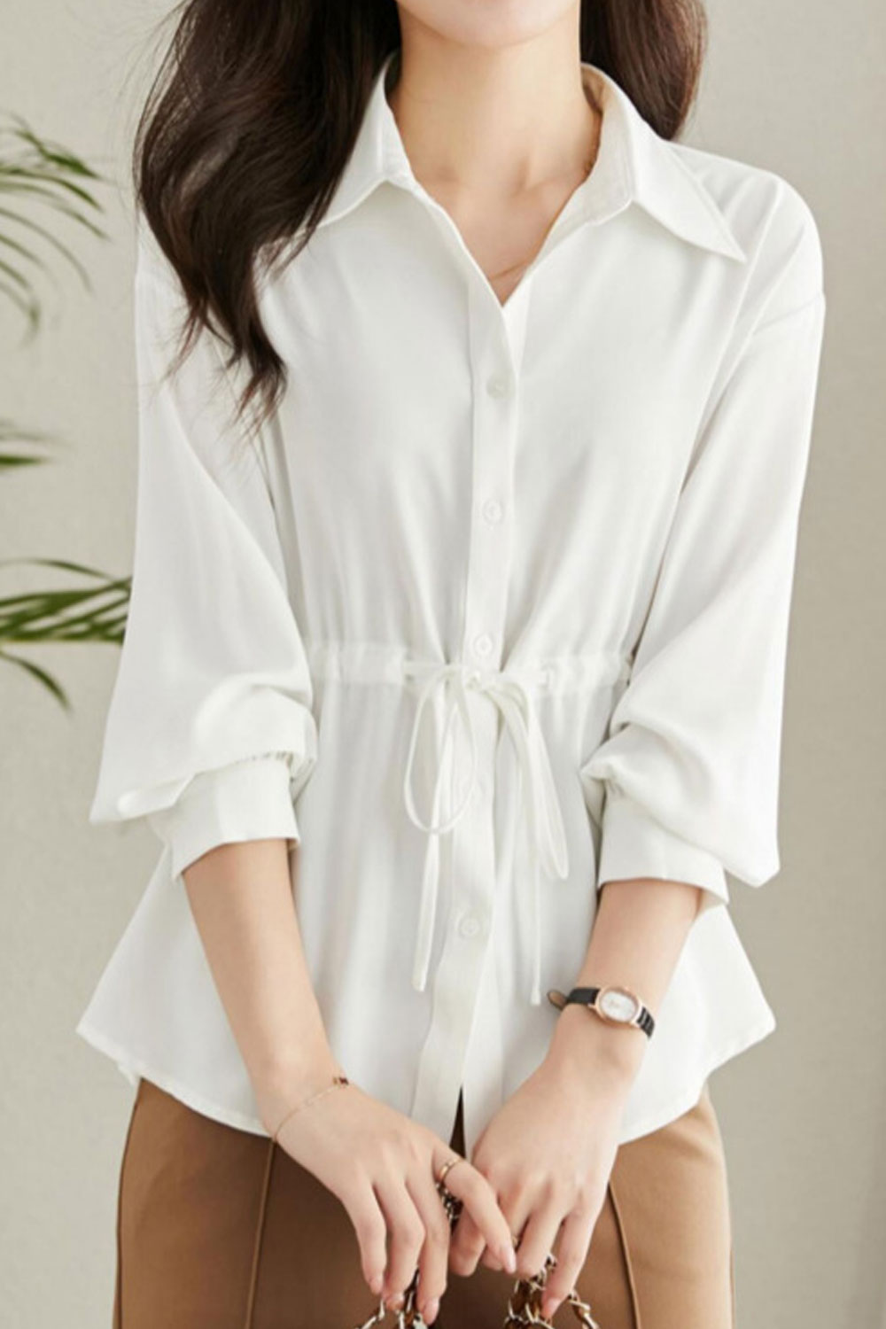 Women New Fashion Collar Neck Long Sleeves Drawstring Design Sense Solid Color Elegant Style Summer Casual Loose Shirt