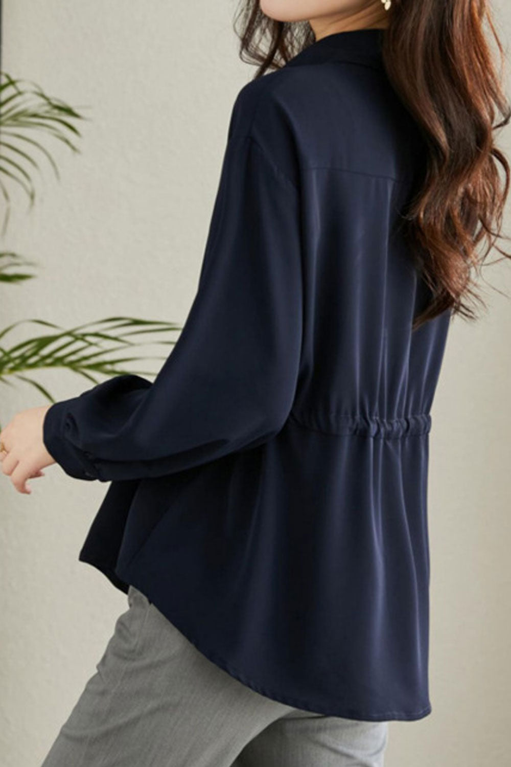 Women New Fashion Collar Neck Long Sleeves Drawstring Design Sense Solid Color Elegant Style Summer Casual Loose Shirt