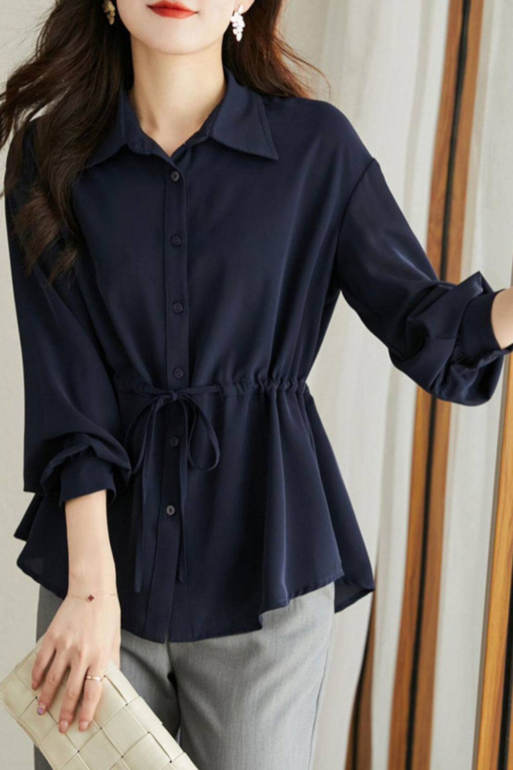 Women New Fashion Collar Neck Long Sleeves Drawstring Design Sense Solid Color Elegant Style Summer Casual Loose Shirt