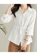 Women New Fashion Collar Neck Long Sleeves Drawstring Design Sense Solid Color Elegant Style Summer Casual Loose Shirt