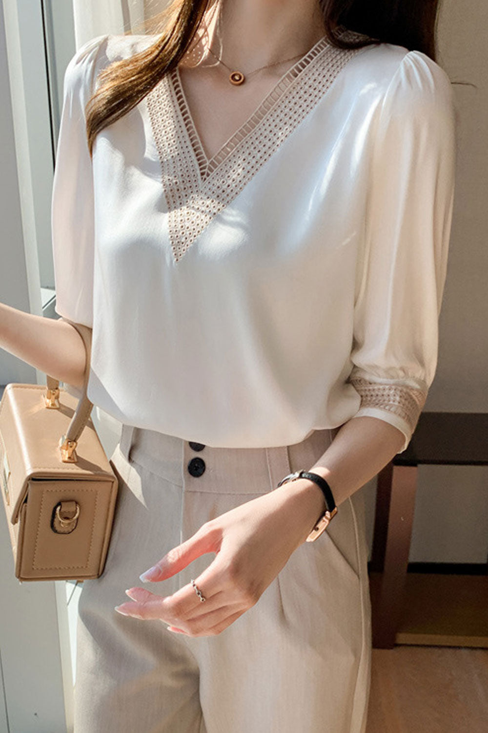 Women New Fashion Beautiful V-Neck Five Quarter Sleeves Solid Color Summer Casual Loose Temperament Chiffon Top