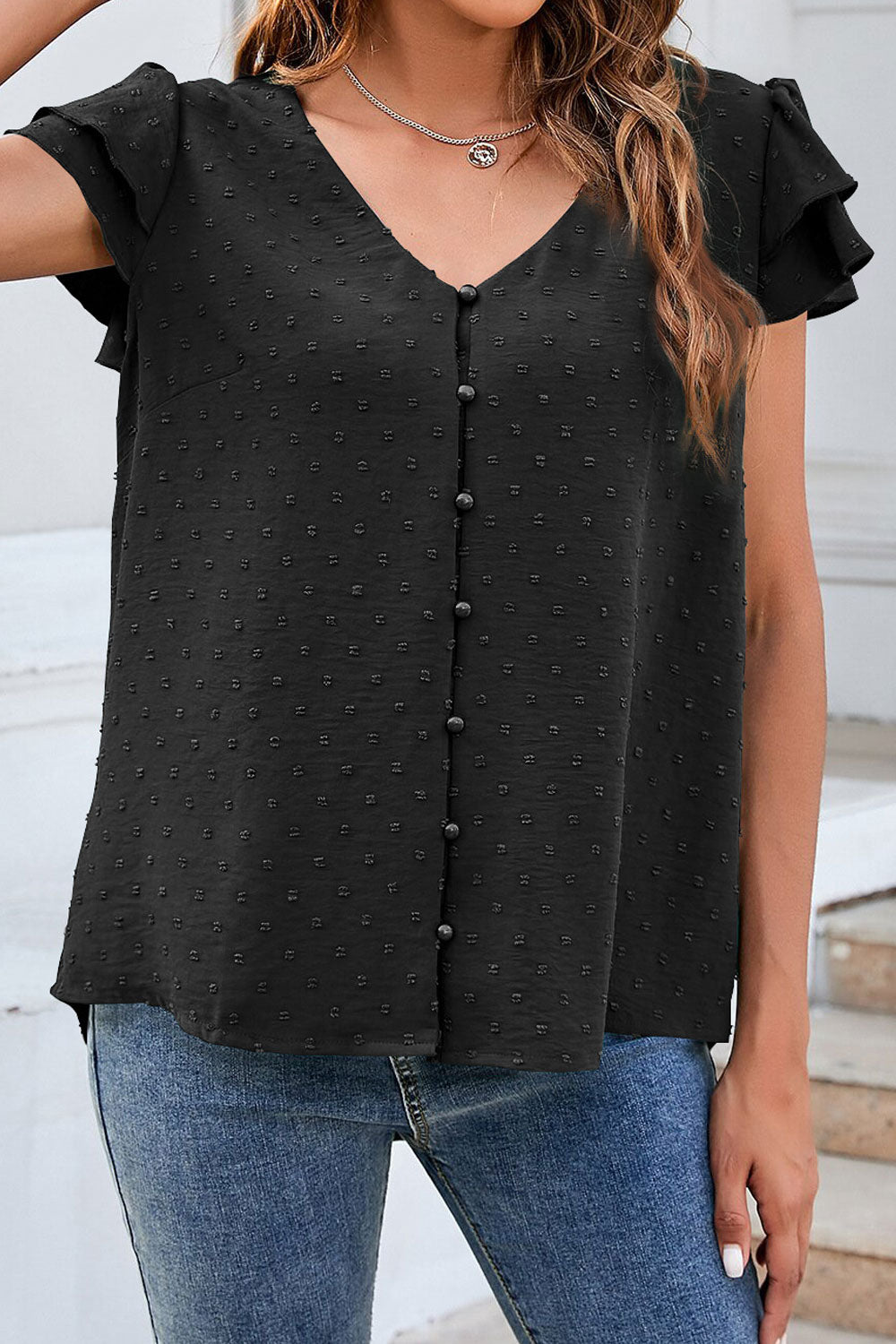 Women New Fashion Jacquard V-Neck Ruffled Sleeves Button Down Solid Color Summer Casual Loose Top