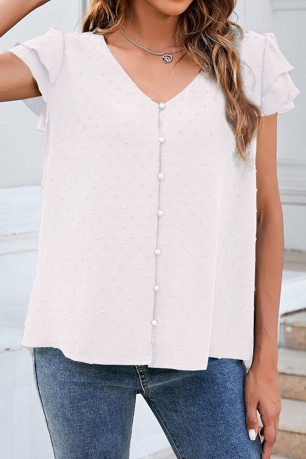 Women New Fashion Jacquard V-Neck Ruffled Sleeves Button Down Solid Color Summer Casual Loose Top