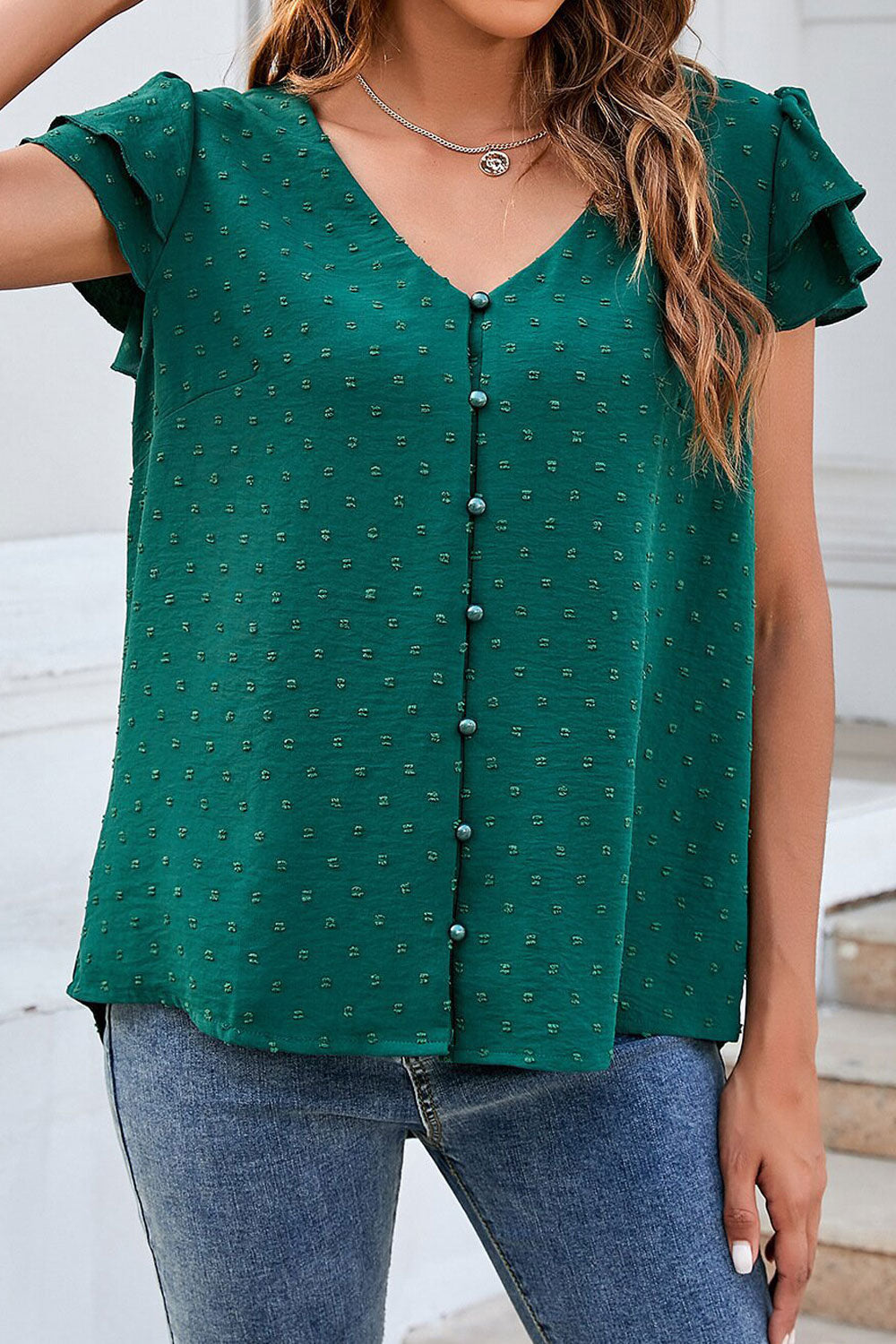 Women New Fashion Jacquard V-Neck Ruffled Sleeves Button Down Solid Color Summer Casual Loose Top