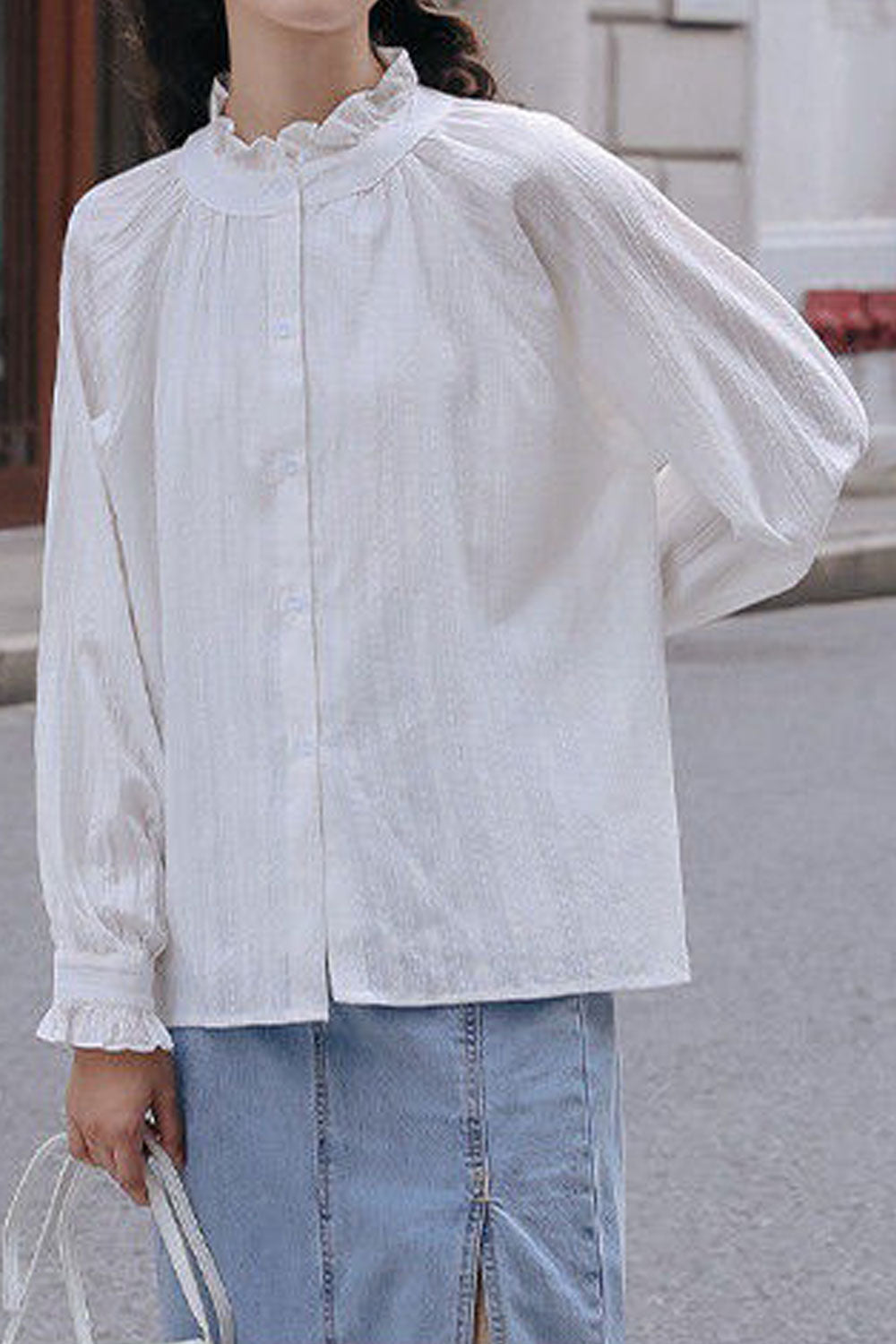 Women New Ruffle Fashion Beautiful High Neck Collar Long Sleeves Solid Color Summer Temperament Commuting Style Casual Loose Top