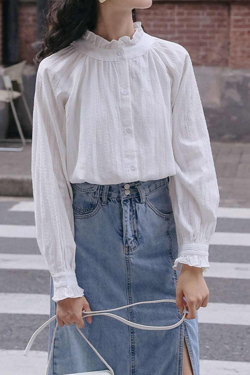 Women New Ruffle Fashion Beautiful High Neck Collar Long Sleeves Solid Color Summer Temperament Commuting Style Casual Loose Top