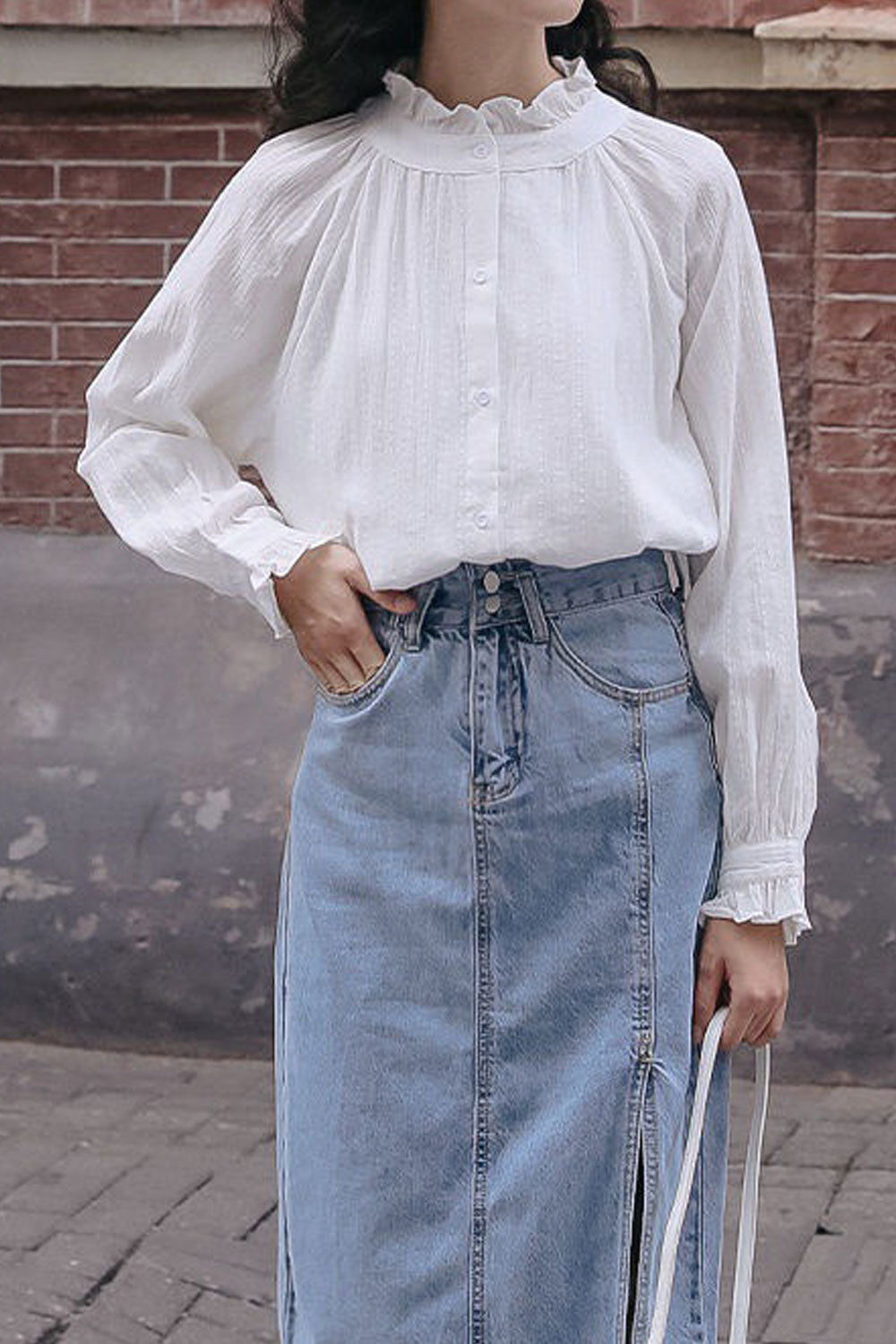 Women New Ruffle Fashion Beautiful High Neck Collar Long Sleeves Solid Color Summer Temperament Commuting Style Casual Loose Top