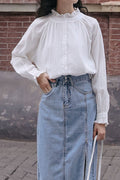 Women New Ruffle Fashion Beautiful High Neck Collar Long Sleeves Solid Color Summer Temperament Commuting Style Casual Loose Top