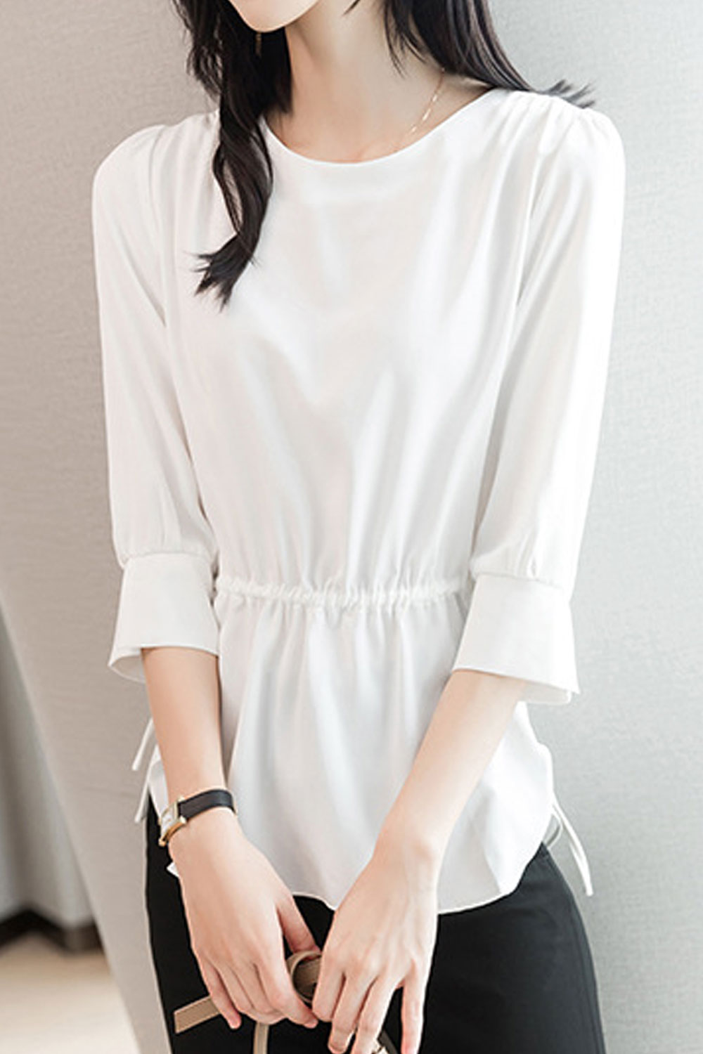 Women New Fashion Beautiful Round Neck Three Quarter Sleeves Solid Color Temperament Commuting Style Summer Casual thin Loose Ch