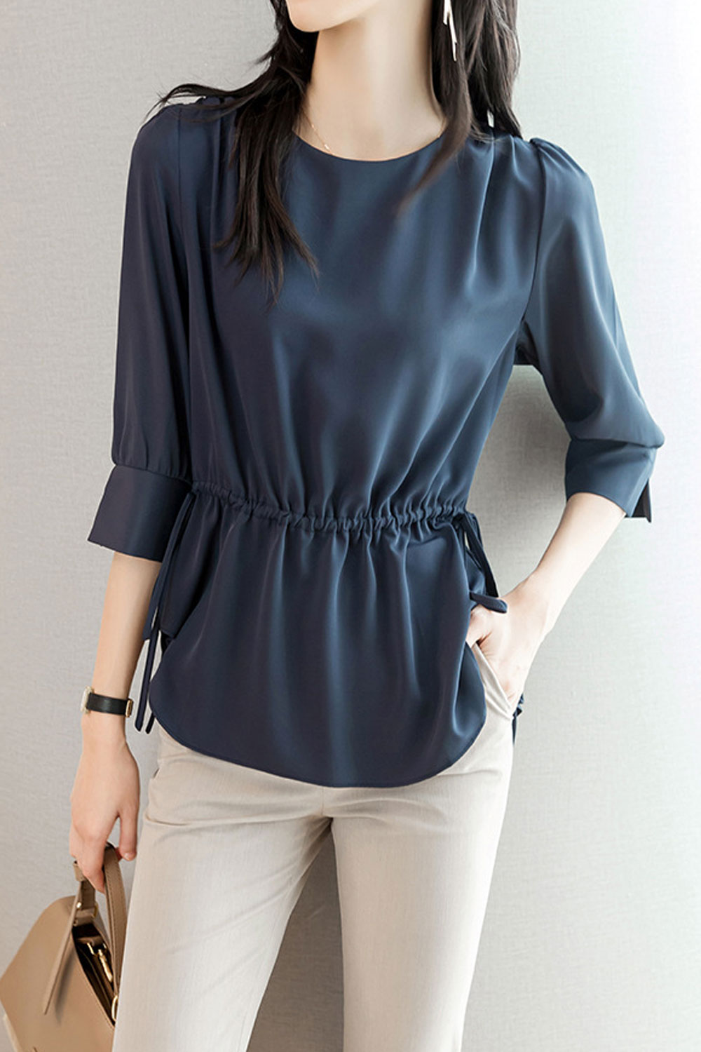 Women New Fashion Beautiful Round Neck Three Quarter Sleeves Solid Color Temperament Commuting Style Summer Casual thin Loose Ch