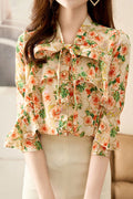 Women New Fashion Beautiful Bow Collar Trumpet Sleeves Floral Printed Elegant style Summer Casual Chiffon Top