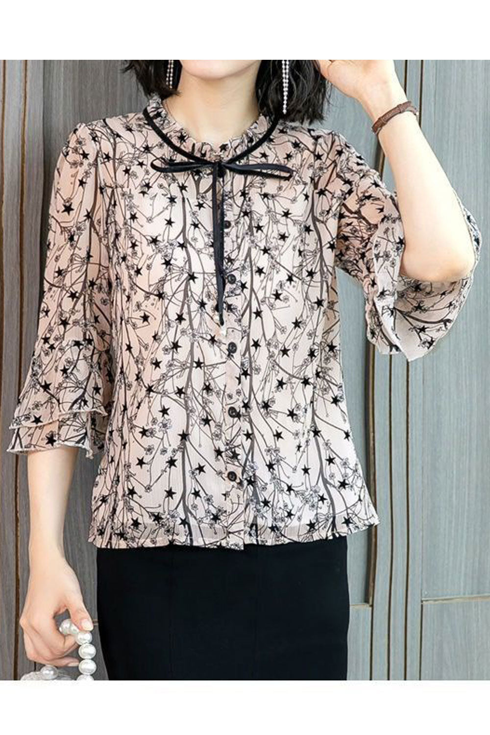 Women New Fashion Beautiful Round Neck Trumpet Sleeves Tie up Printed Fresh and Sweet Style Summer Chiffon Lace Top