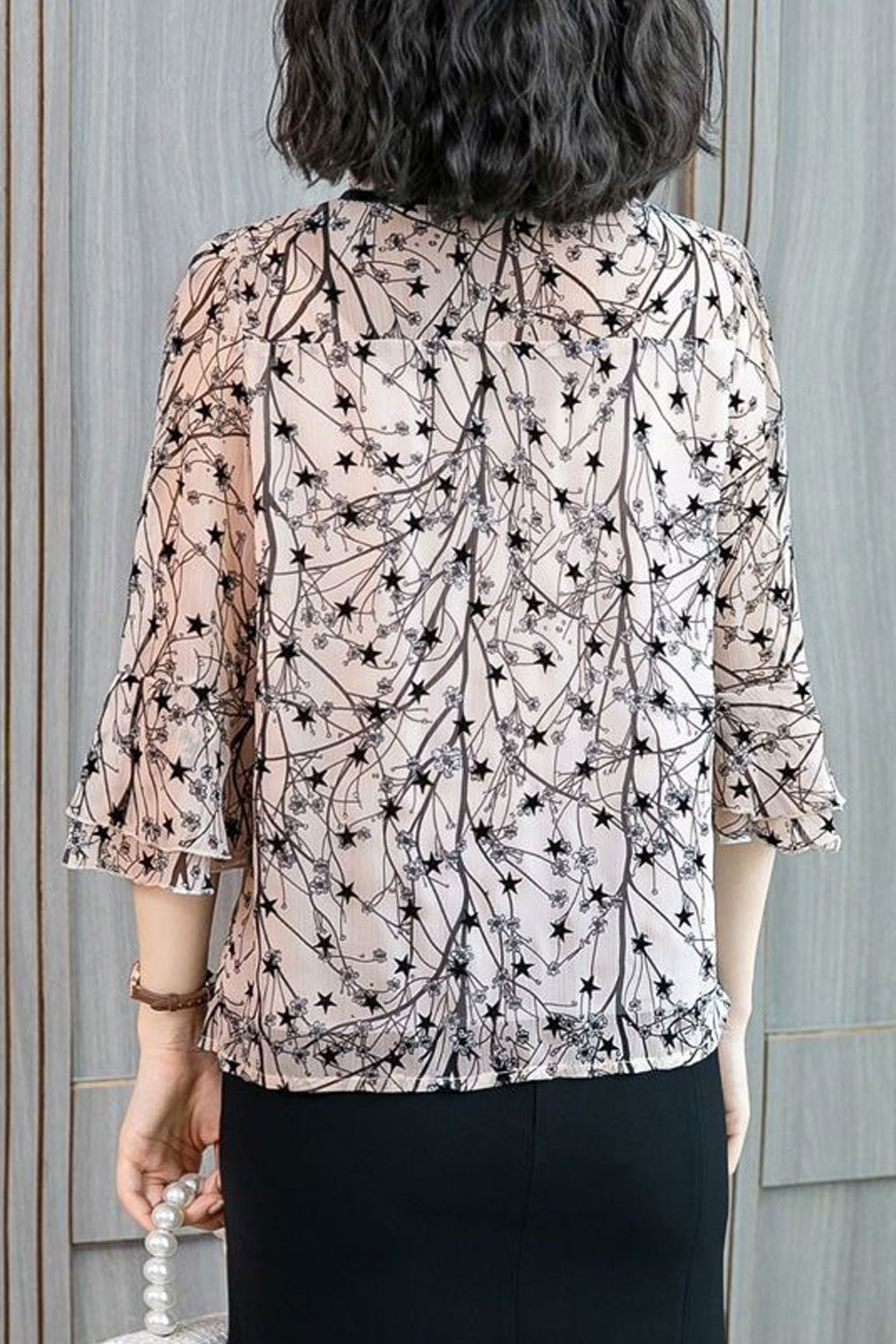 Women New Fashion Beautiful Round Neck Trumpet Sleeves Tie up Printed Fresh and Sweet Style Summer Chiffon Lace Top