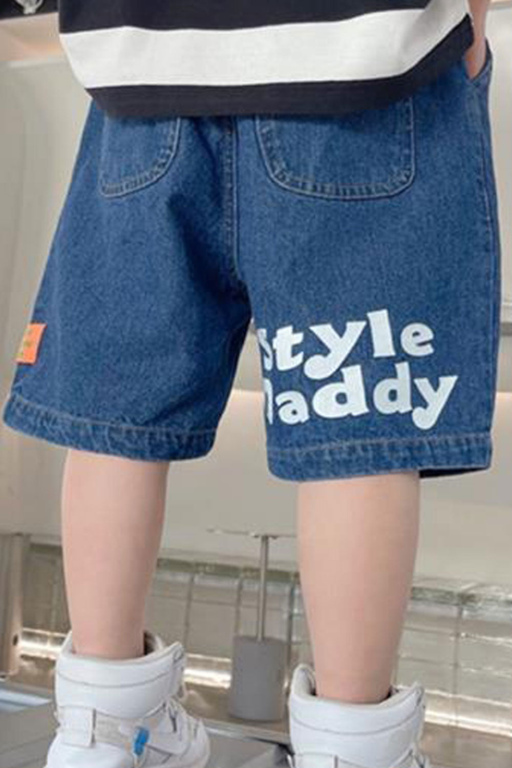 Kids Boys New Fashion Middle Waist Solid Color,Letter Pattern Dark Jeans Summer Casual Stye Denim Shorts