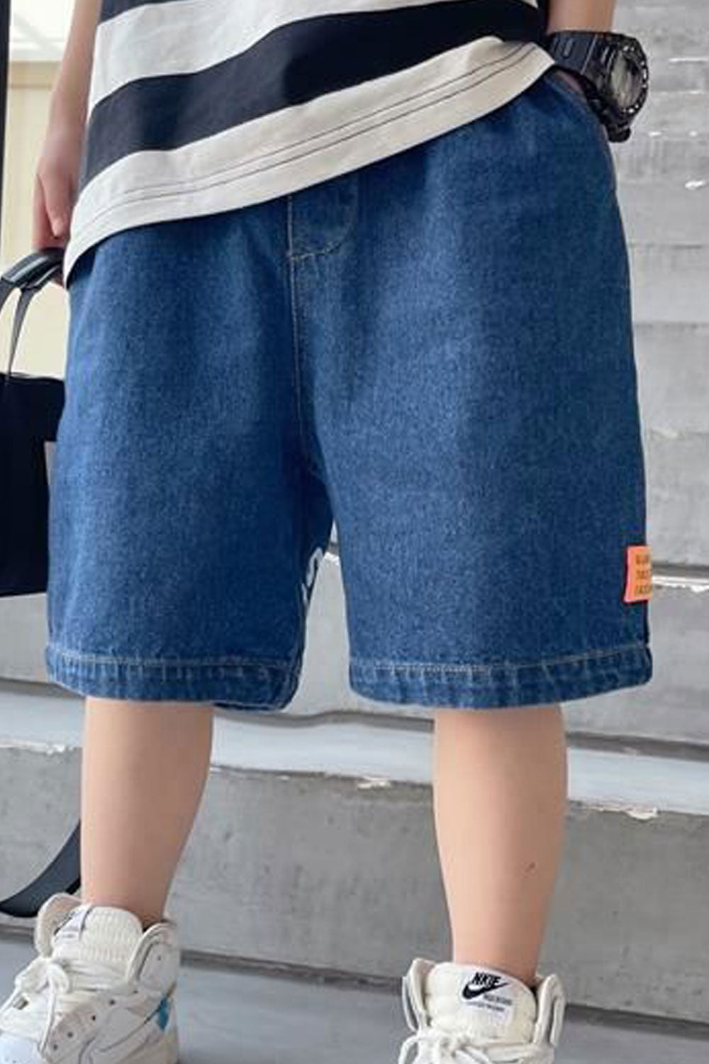 Kids Boys New Fashion Middle Waist Solid Color,Letter Pattern Dark Jeans Summer Casual Stye Denim Shorts
