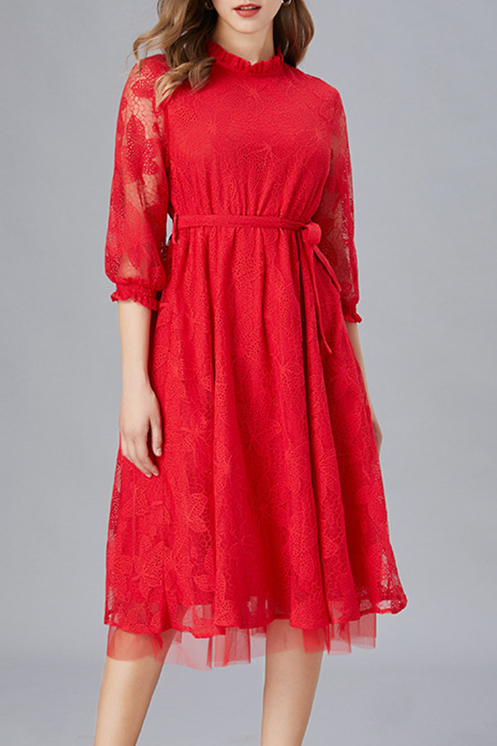 Women Awesome Solid Color Round Neck Floral Lace Dress