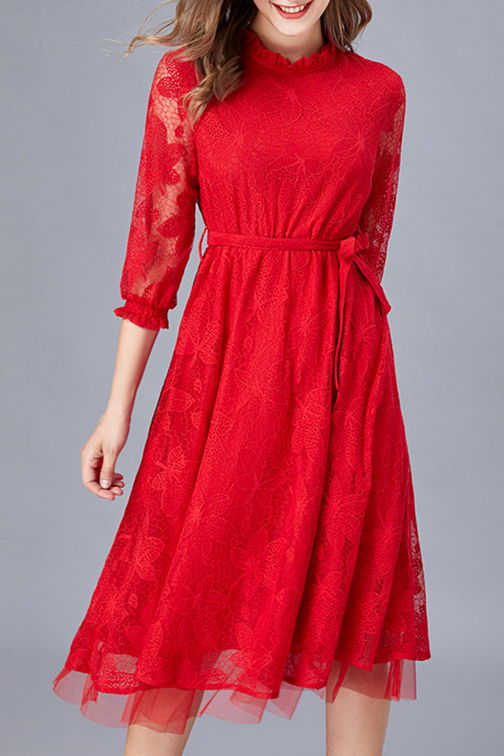Women Awesome Solid Color Round Neck Floral Lace Dress