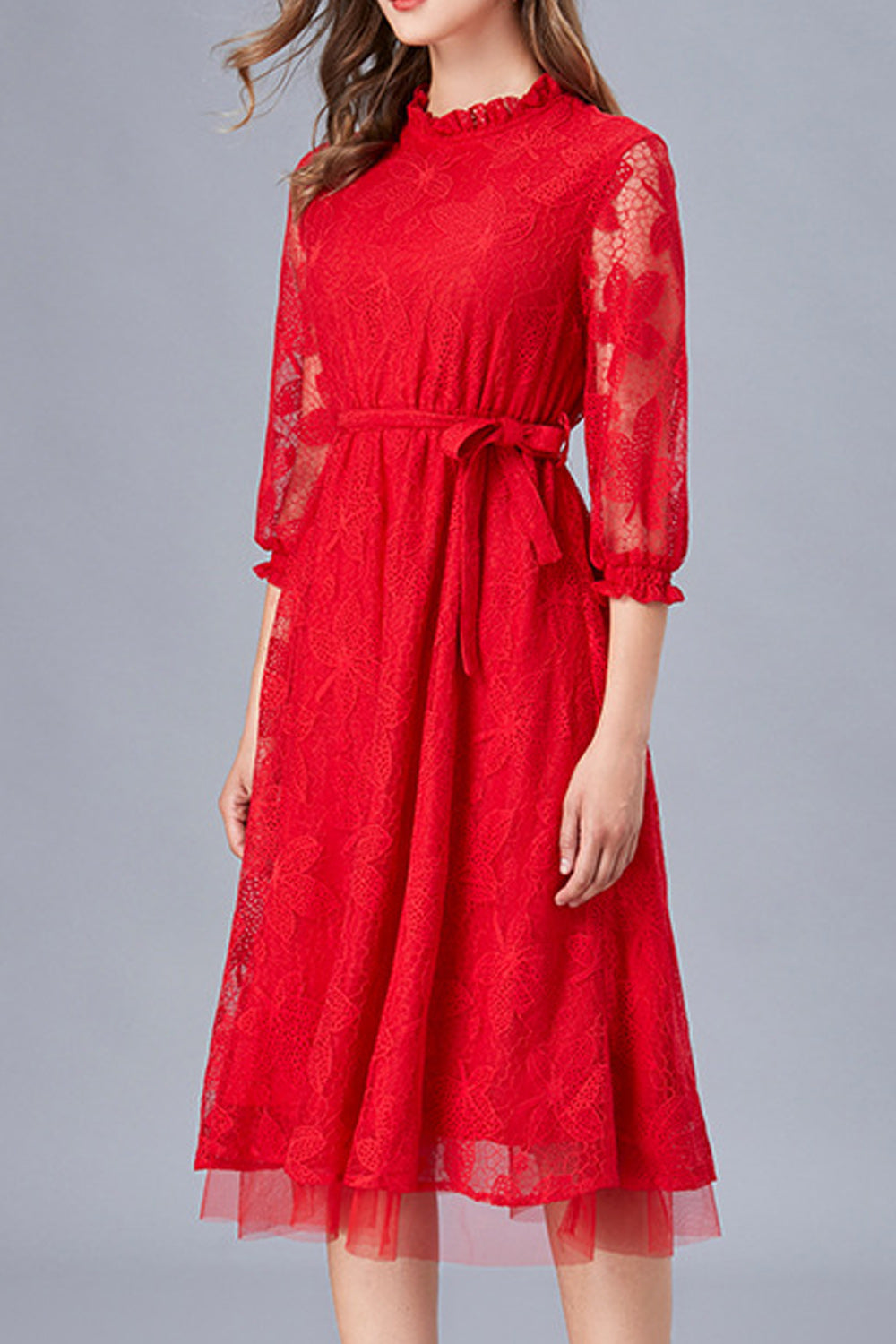 Women Awesome Solid Color Round Neck Floral Lace Dress
