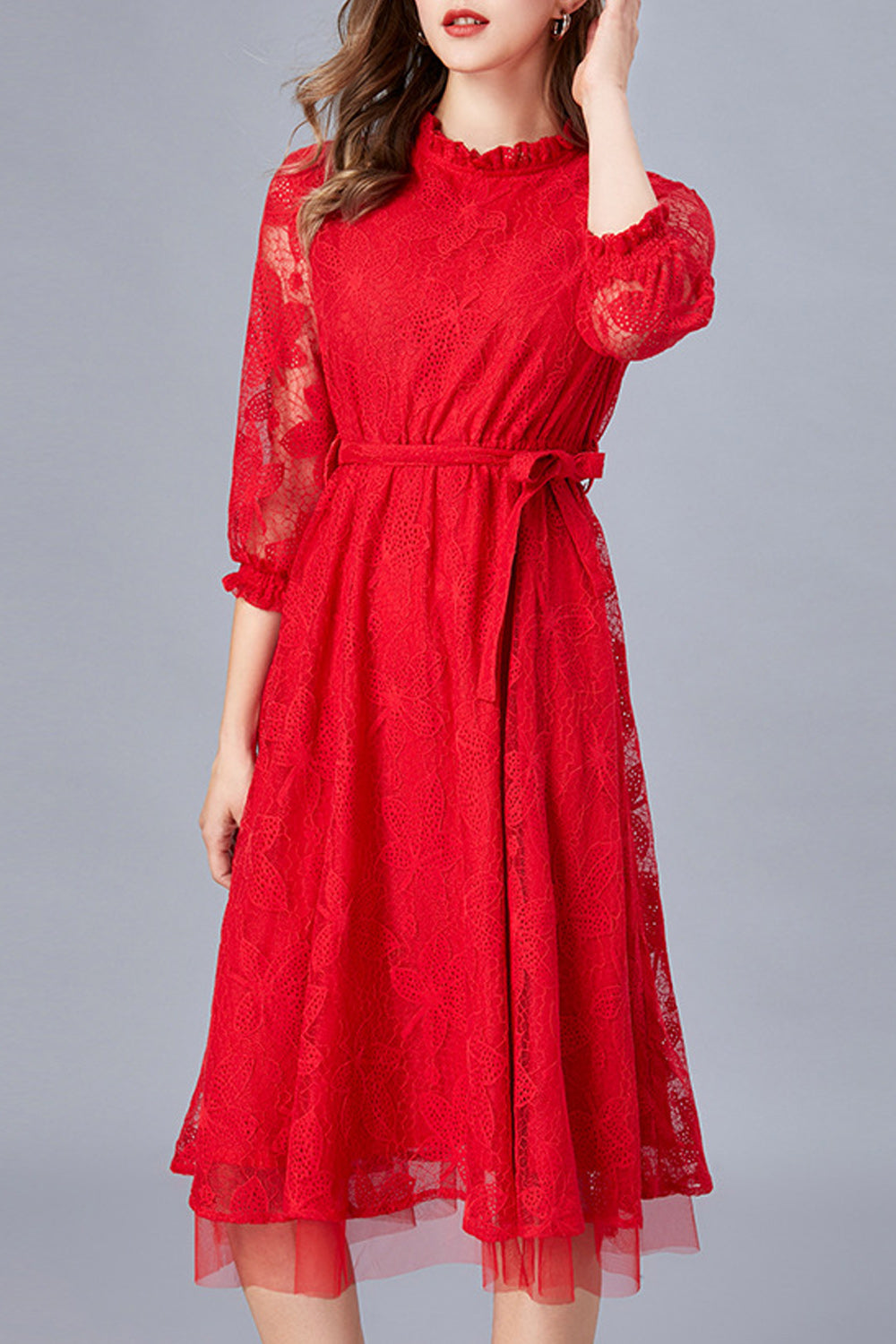 Women Awesome Solid Color Round Neck Floral Lace Dress