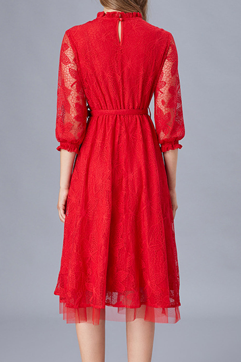 Women Awesome Solid Color Round Neck Floral Lace Dress
