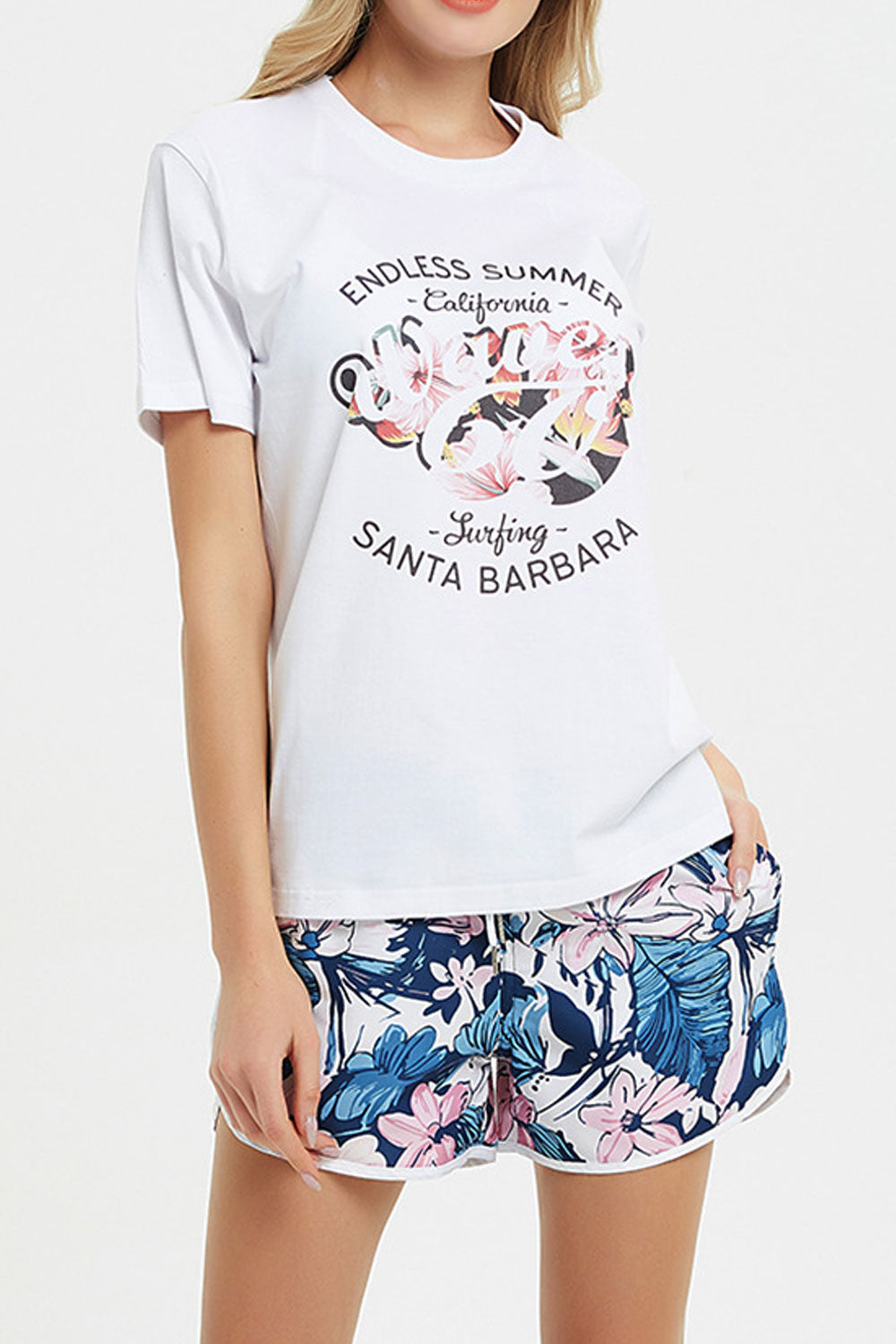 Women Floral Print Drawcord Waist Sports Style Summer Short